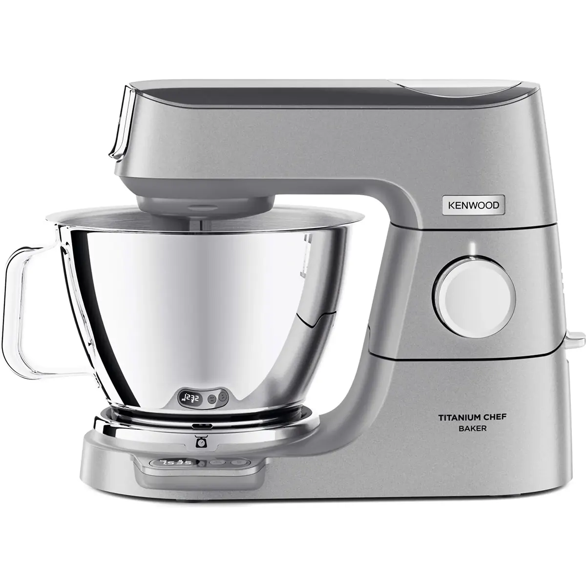 Die Küchenmaschine „Kenwood Titanium Chef Baker KVC85.314SI“ in Silber verfügt über eine geräumige Rührschüssel aus Edelstahl, eine integrierte EasyWeigh-Waage für präzise Messungen und einen intuitiv zu bedienenden Drehregler.