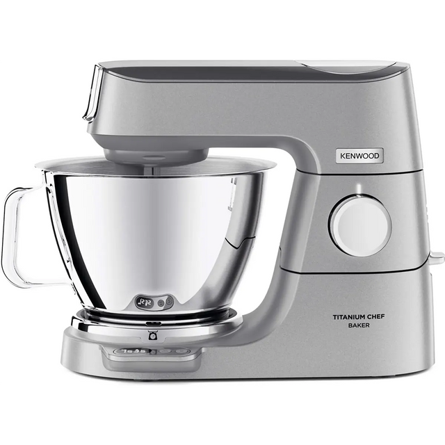 Die Küchenmaschine „Kenwood Titanium Chef Baker KVC85.314SI“ in Silber verfügt über eine geräumige Rührschüssel aus Edelstahl, eine integrierte EasyWeigh-Waage für präzise Messungen und einen intuitiv zu bedienenden Drehregler.