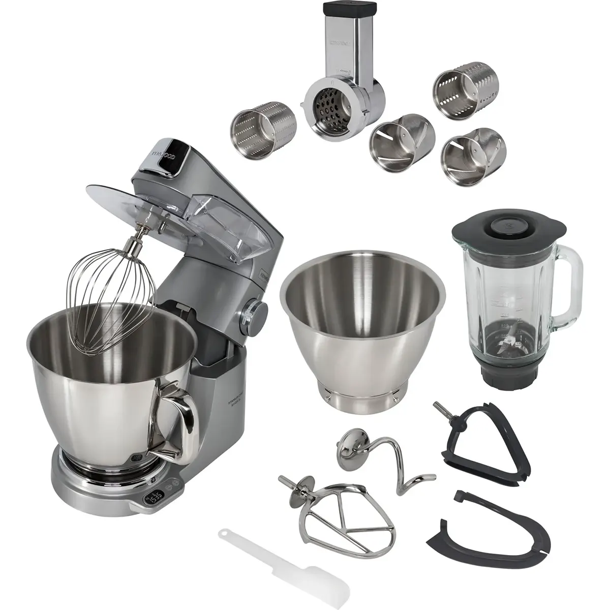 Die Küchenmaschine „Kenwood Titanium Chef Baker KVC85.314SI“ in Silber von Kenwood, ausgestattet mit zwei Rührschüsseln, einer EasyWeigh-Waage, einem Mixer, verschiedenen Aufsätzen, Reibetrommeln und einem Spatel, ist vor einem weißen Hintergrund abgebildet.