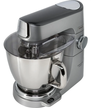 Die Küchenmaschine „Kenwood Titanium Chef Baker KVC85.314SI“ in Silber verfügt über eine Edelstahlschüssel, ein digitales Display am Sockel und die innovative EasyWeigh-Waage zum präzisen Abwiegen von Zutaten.