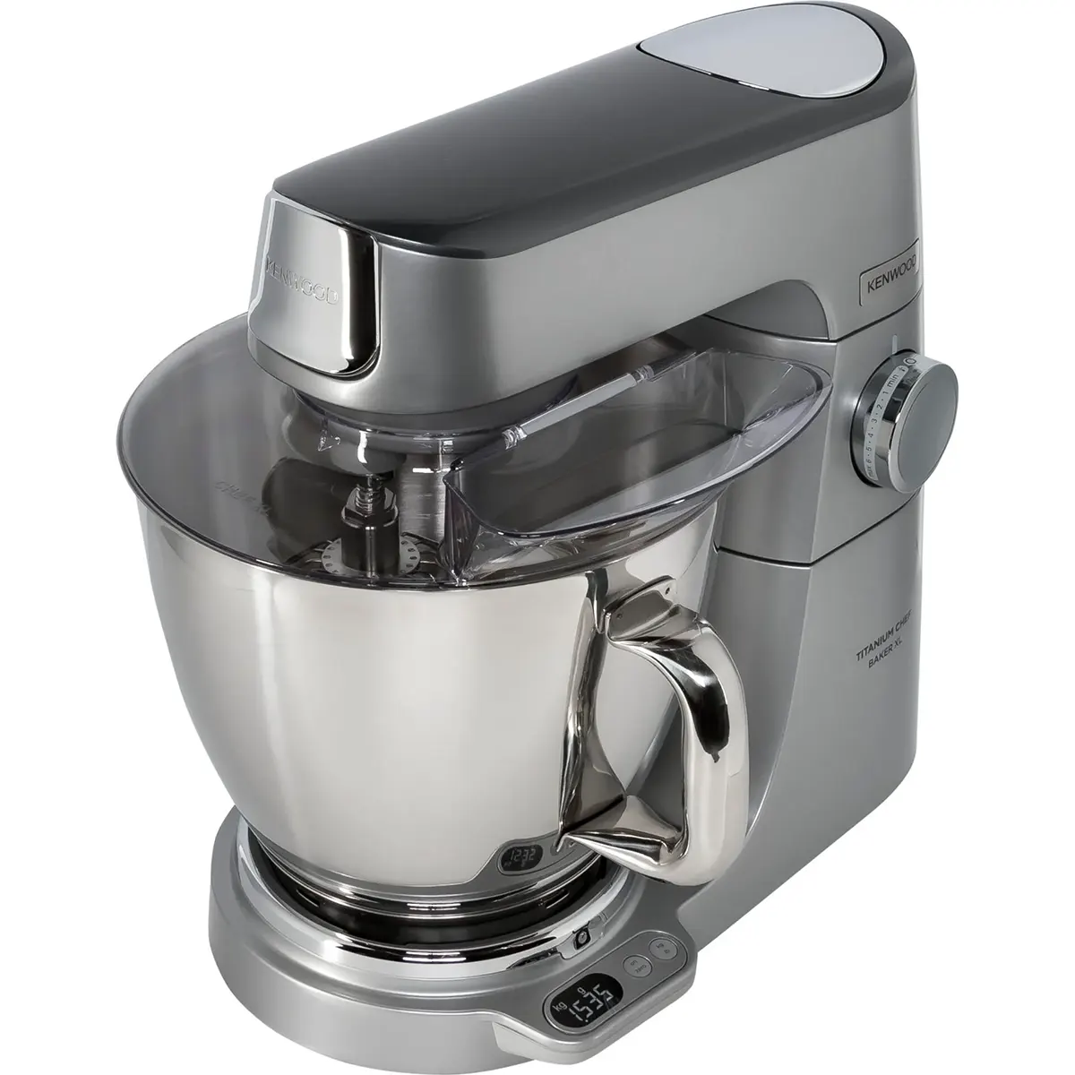 Die Küchenmaschine „Kenwood Titanium Chef Baker KVC85.314SI“ in Silber verfügt über eine Edelstahlschüssel, ein digitales Display am Sockel und die innovative EasyWeigh-Waage zum präzisen Abwiegen von Zutaten.