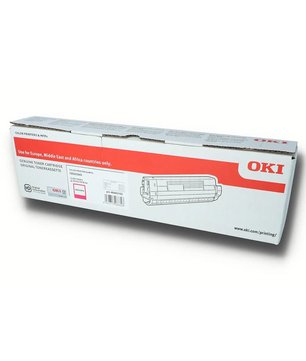 Oki 46471102 Magenta Tonerkartusche-OEM-Toner für Oki-Drucker, entwickelt für den Einsatz in Europa, dem Nahen Osten und Afrika. Markenverpackung von Oki mit rotem und weißem Design; zuverlässige Versorgung für Ihre Drucksysteme.