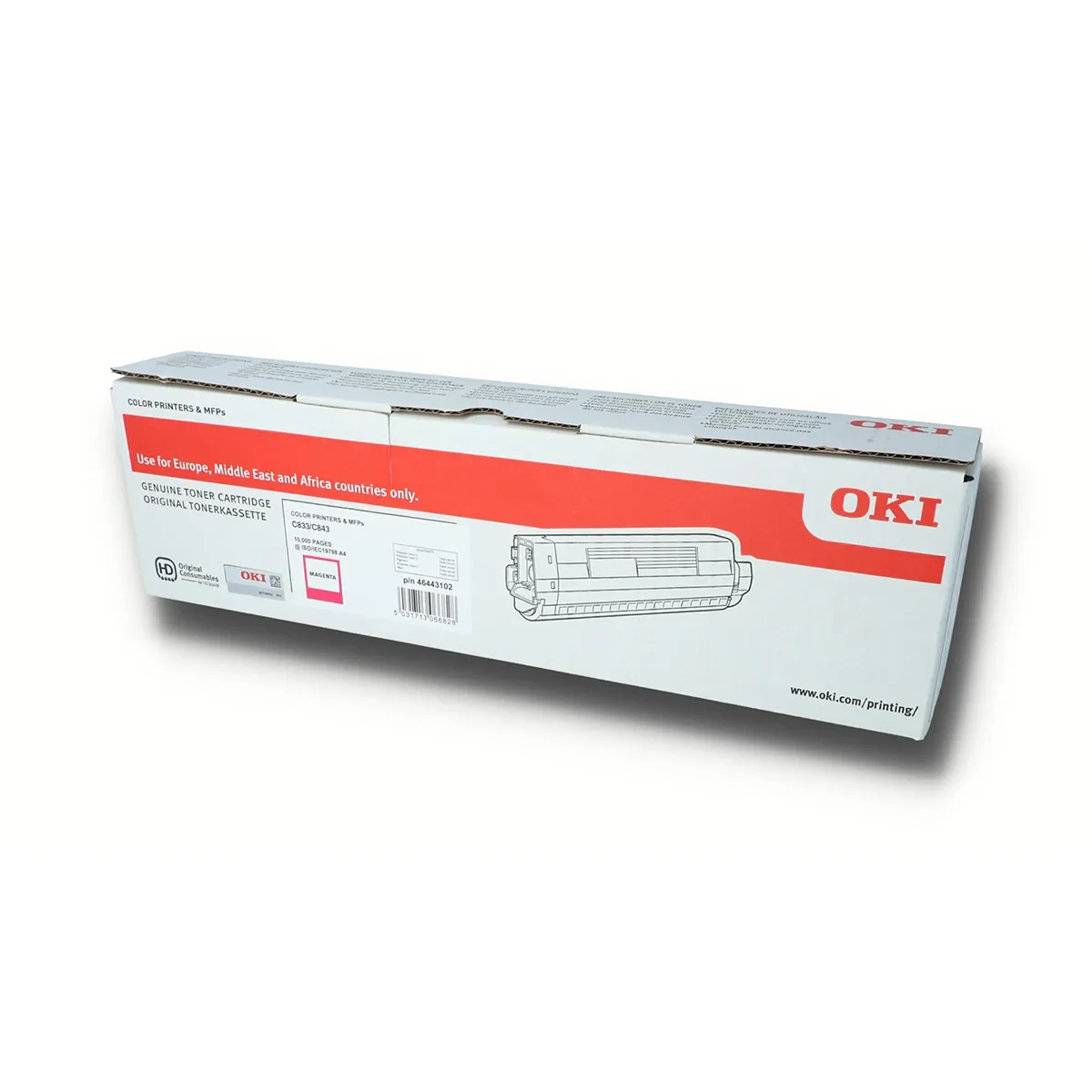 Oki 46471102 Magenta Tonerkartusche-OEM-Toner für Oki-Drucker, entwickelt für den Einsatz in Europa, dem Nahen Osten und Afrika. Markenverpackung von Oki mit rotem und weißem Design; zuverlässige Versorgung für Ihre Drucksysteme.