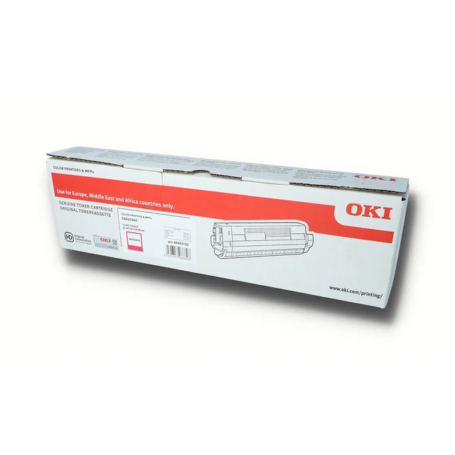 Oki 46471102 Magenta Tonerkartusche-OEM-Toner für Oki-Drucker, entwickelt für den Einsatz in Europa, dem Nahen Osten und Afrika. Markenverpackung von Oki mit rotem und weißem Design; zuverlässige Versorgung für Ihre Drucksysteme.