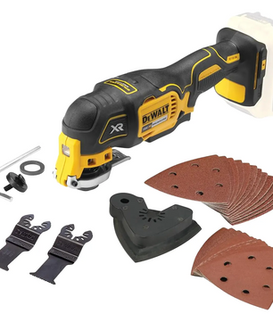 DEWALT DCS355N-XJ Akku-Multifunktionswerkzeug in Gelb mit bürstenlosem Motor, inklusive Schleifpads, Klingen, Aufsatz und Sechskantschlüssel vor weißem Hintergrund.