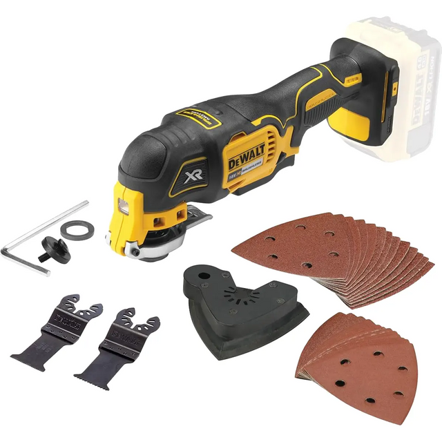 DEWALT DCS355N-XJ Akku-Multifunktionswerkzeug in Gelb mit bürstenlosem Motor, inklusive Schleifpads, Klingen, Aufsatz und Sechskantschlüssel vor weißem Hintergrund.
