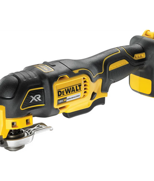 Das DEWALT DCS355N-XJ Akku-Multifunktionswerkzeug in gelb mit bürstenlosem Motor wird kabellos und ohne Akku gezeigt.