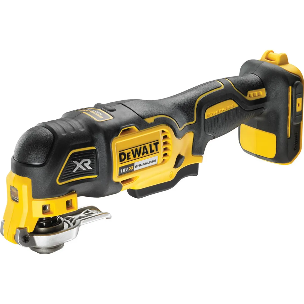 Das DEWALT DCS355N-XJ Akku-Multifunktionswerkzeug in gelb mit bürstenlosem Motor wird kabellos und ohne Akku gezeigt.