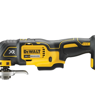 Das gelbe DEWALT DCS355N-XJ Akku-Multifunktionswerkzeug wird in einer Seitenansicht gezeigt.
