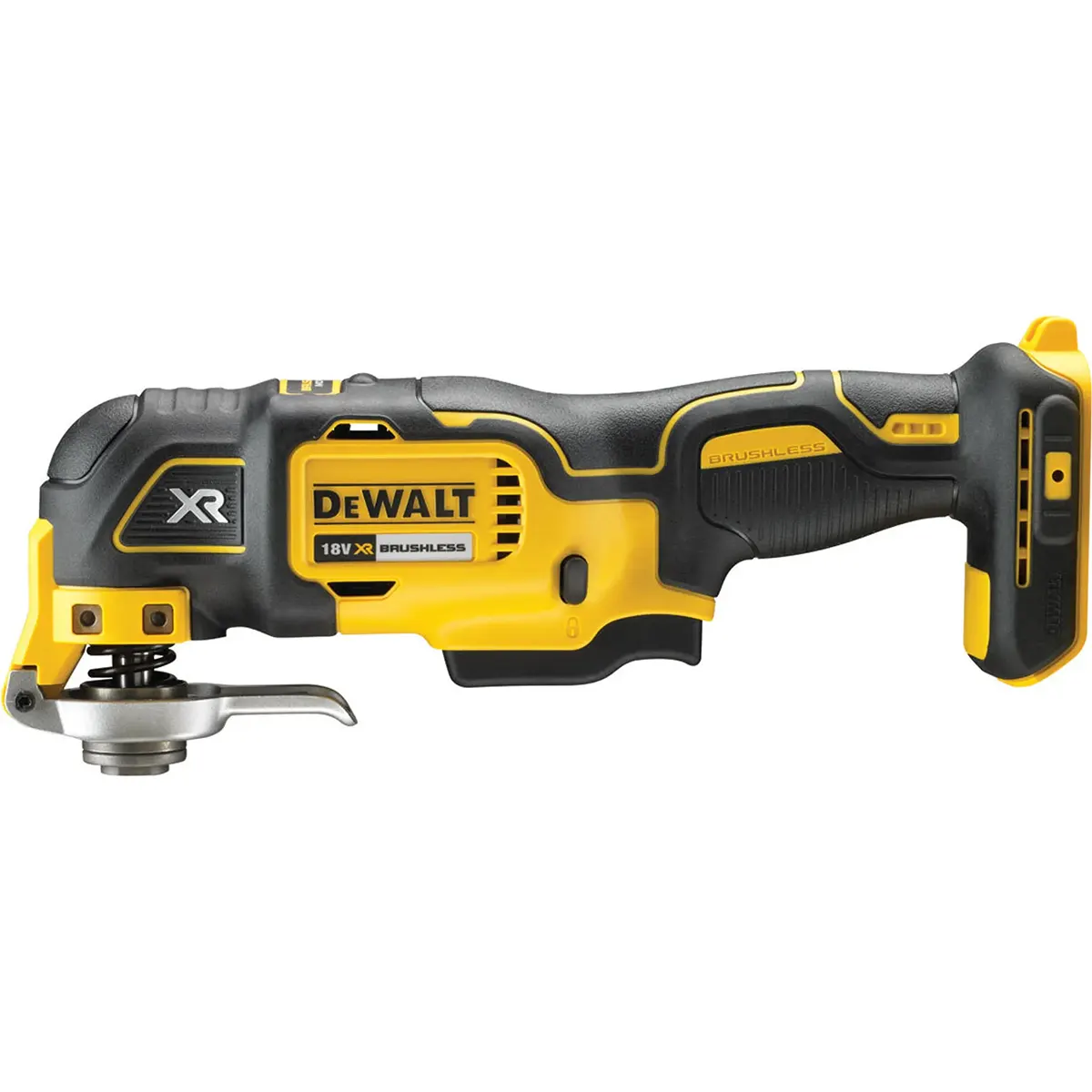 Das gelbe DEWALT DCS355N-XJ Akku-Multifunktionswerkzeug wird in einer Seitenansicht gezeigt.