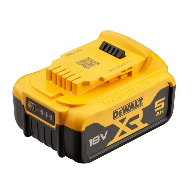 Der gelbe DEWALT DCB184-XJ 18-V-Akku von DEWALT ist vor einem weißen Hintergrund abgebildet.