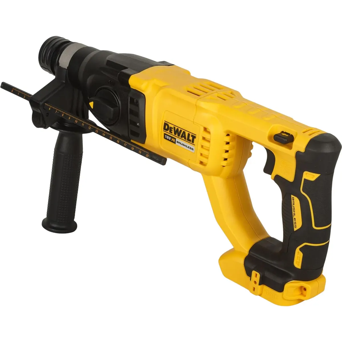 Der DEWALT DCH133N-XJ Akku-Kombihammer in Gelb ist ein 18-V-Akku-Bohrhammer mit SDS-plus-Werkzeugaufnahme, Seitengriff und Tiefenanschlag, hier isoliert auf weißem Hintergrund abgebildet.