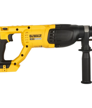 Der gelbe Akku-Kombihammer DeWALT DCH133N-XJ mit SDS-plus-Werkzeugaufnahme und Seitengriff ist auf weißem Hintergrund abgebildet.