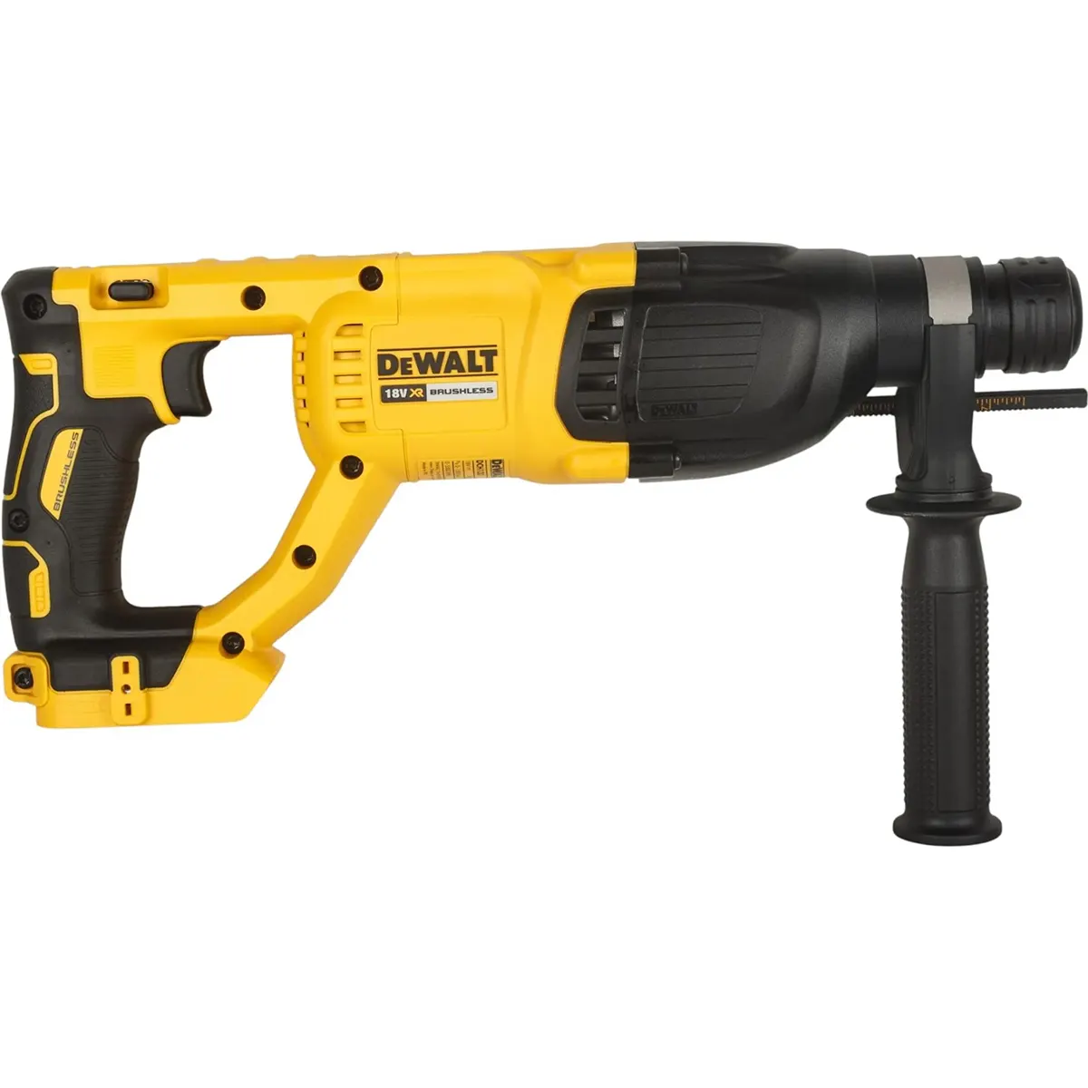 Der gelbe Akku-Kombihammer DeWALT DCH133N-XJ mit SDS-plus-Werkzeugaufnahme und Seitengriff ist auf weißem Hintergrund abgebildet.
