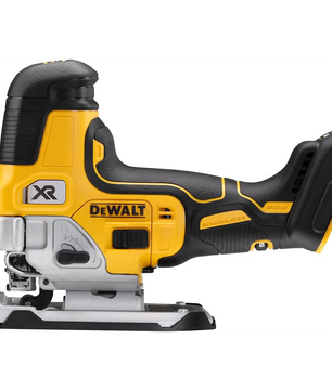Gelbe DEWALT DCS335N-XJ 18V XR Akku-Pendelstichsäge (kabellose Stichsäge), von der Seite gesehen, mit bürstenlosem Motor, entwickelt für präzise und effiziente Sägearbeiten.