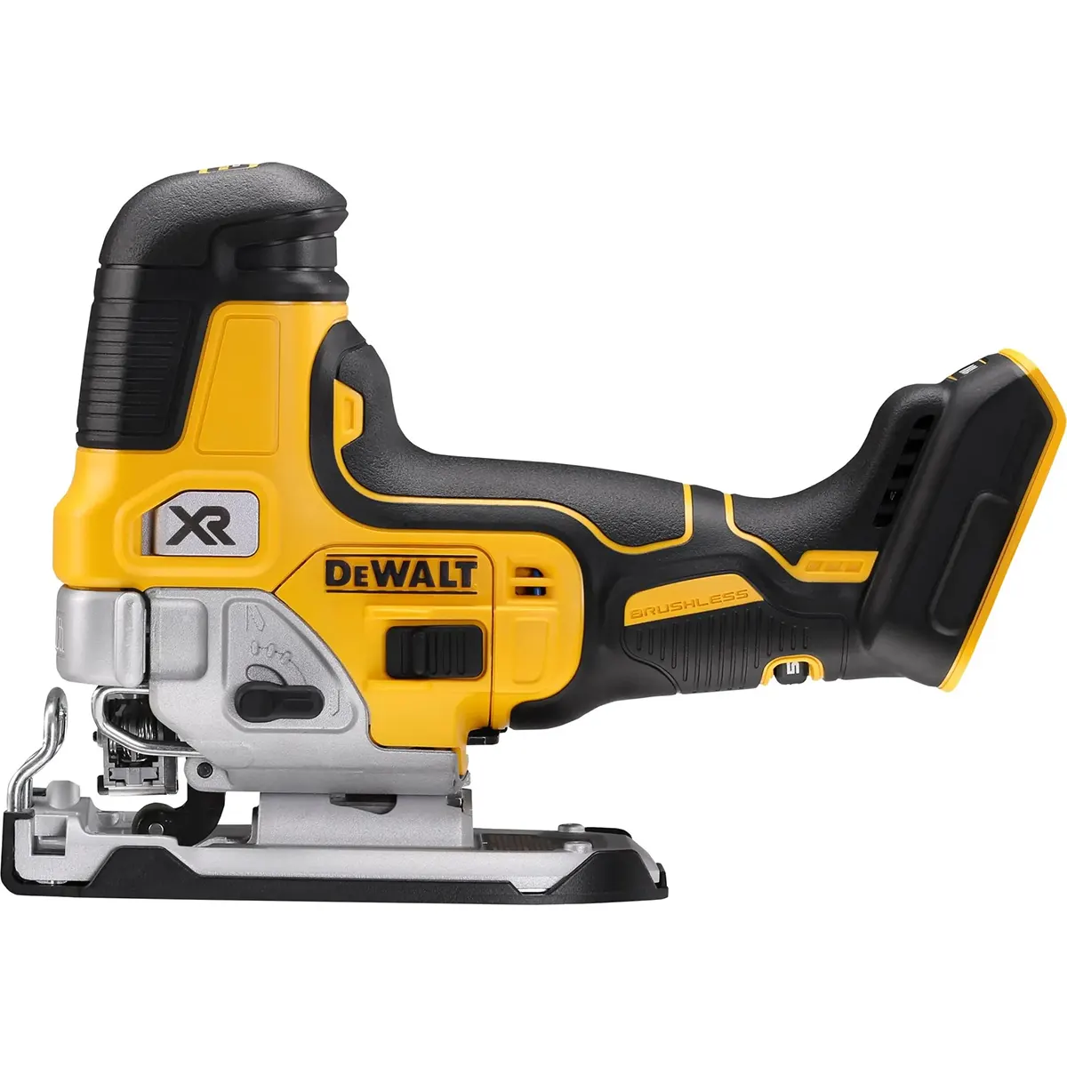 Gelbe DEWALT DCS335N-XJ 18V XR Akku-Pendelstichsäge (kabellose Stichsäge), von der Seite gesehen, mit bürstenlosem Motor, entwickelt für präzise und effiziente Sägearbeiten.