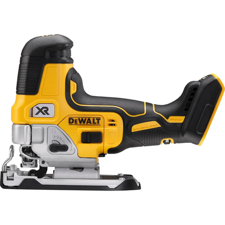 Gelbe DEWALT DCS335N-XJ 18V XR Akku-Pendelstichsäge (kabellose Stichsäge), von der Seite gesehen, mit bürstenlosem Motor, entwickelt für präzise und effiziente Sägearbeiten.
