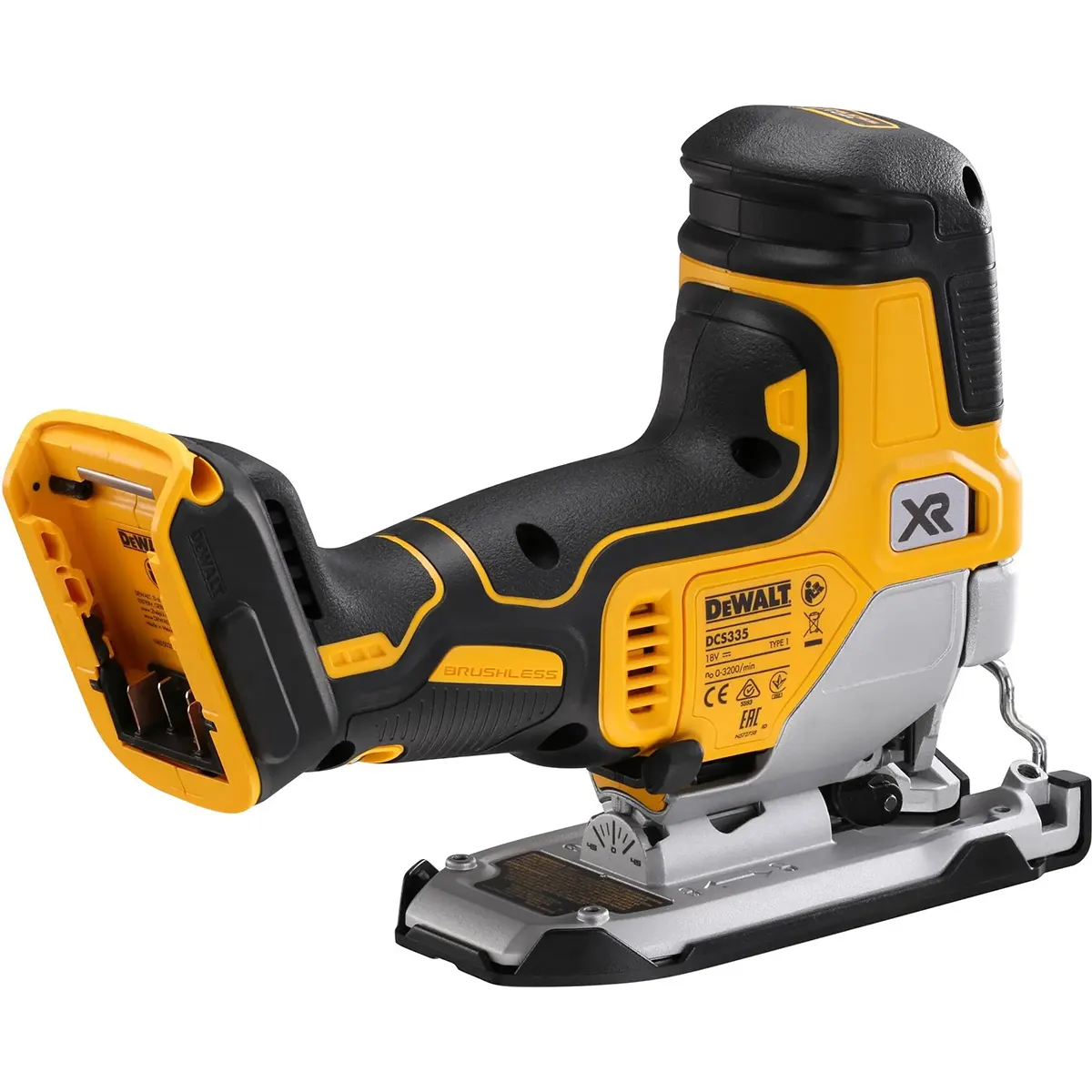Die DEWALT DCS335N-XJ 18V XR Akku-Pendelhubstichsäge in Gelb und Schwarz mit einem robusten Metallgehäuse wird vor einem weißen Hintergrund präsentiert. Dieses Akku-Elektrowerkzeug bietet präzise Schnittleistung für eine Vielzahl von Anwendungen.
