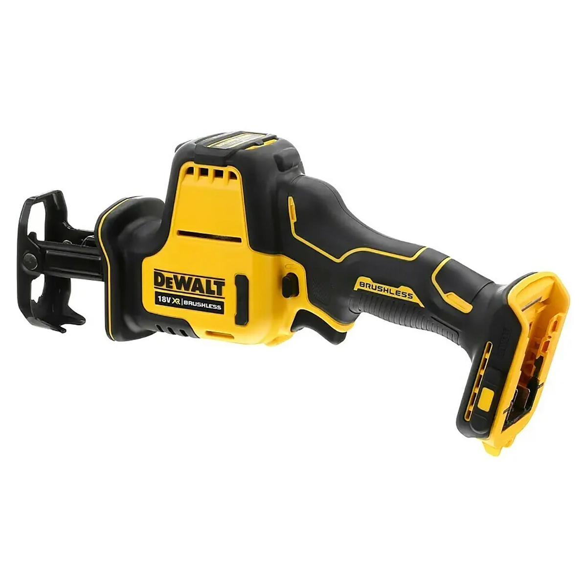 Abgebildet ist eine gelbe DEWALT DCS369 Akku-Säbelsäge mit einem bürstenlosen Motor ohne Akku.