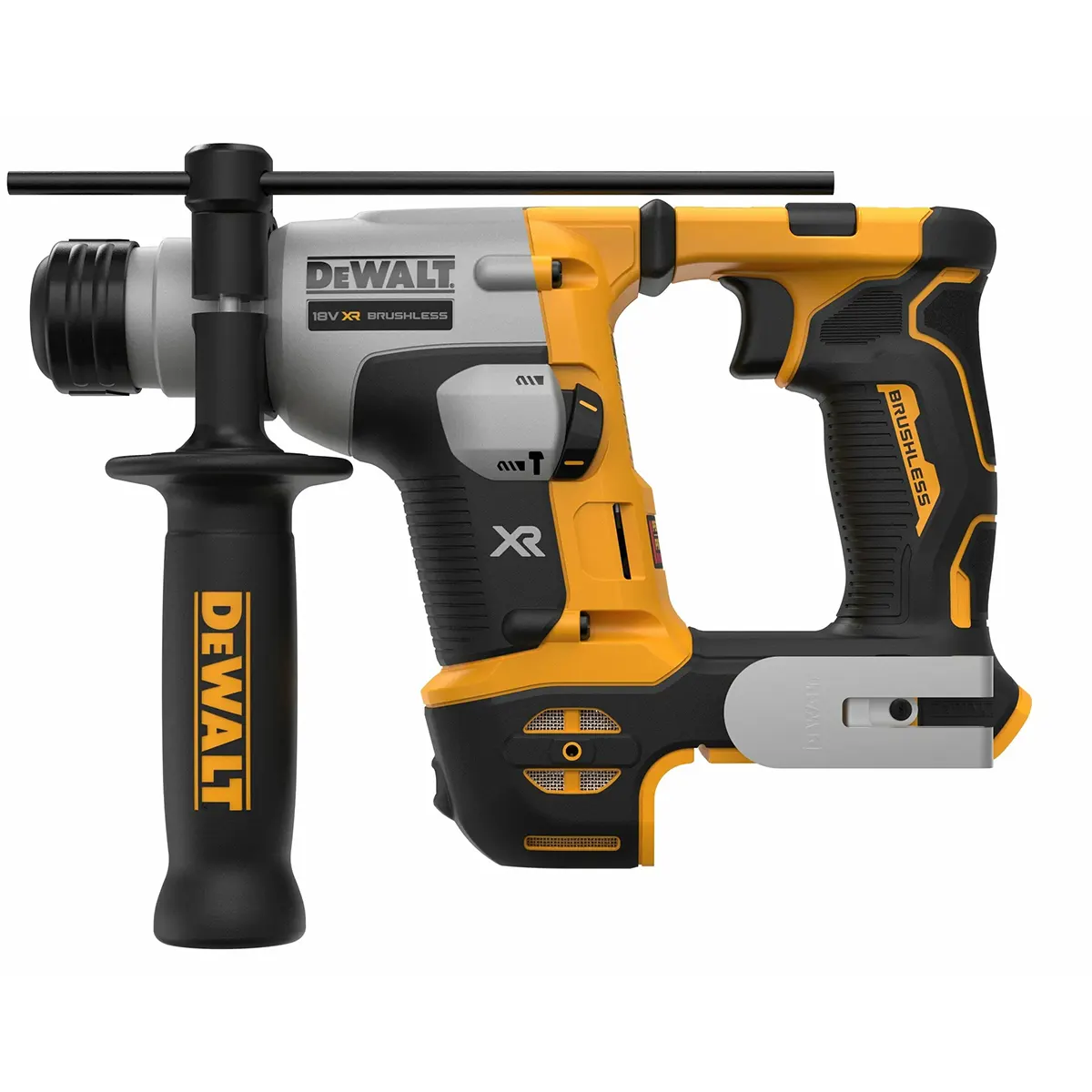 Der DEWALT DCH172N-XJ Akku-Bohrhammer (in Gelb abgebildet) verfügt über ein 18-V-SDS-plus-System und einen bürstenlosen Motor für leistungsstarke Akku-Leistung bei anspruchsvollen Aufgaben.