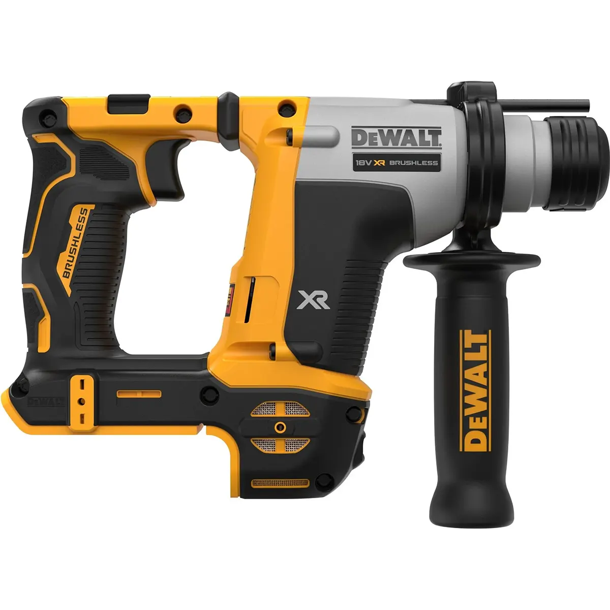 Der DEWALT DCH172N-XJ Akku-Bohrhammer in Gelb verfügt über eine kabellose Ausführung mit einem schwarz-gelben Griff, einem ergonomischen Seitengriff, dem XR-Logo und einem leistungsstarken 18-V-SDS-plus-Bürstenlosmotor für effiziente Leistung – damit ist er die ideale Wahl für anspruchsvolle Aufgaben.
