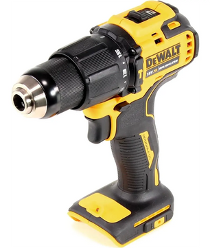 Der DEWALT DCD709N-XJ Akku-Schlagschrauber in gelb und schwarz überzeugt mit strukturiertem Griff, robustem Design und wird ohne Akku geliefert.