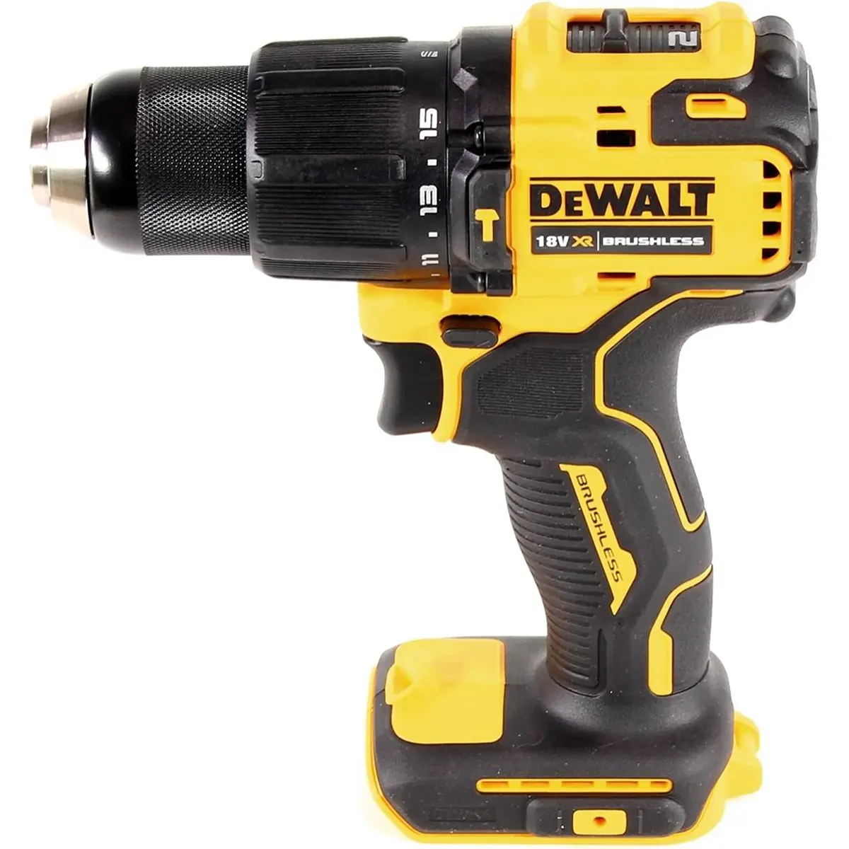 Ein gelber DEWALT DCD709N-XJ Akku-Schlagschrauber, dargestellt von der Seite.