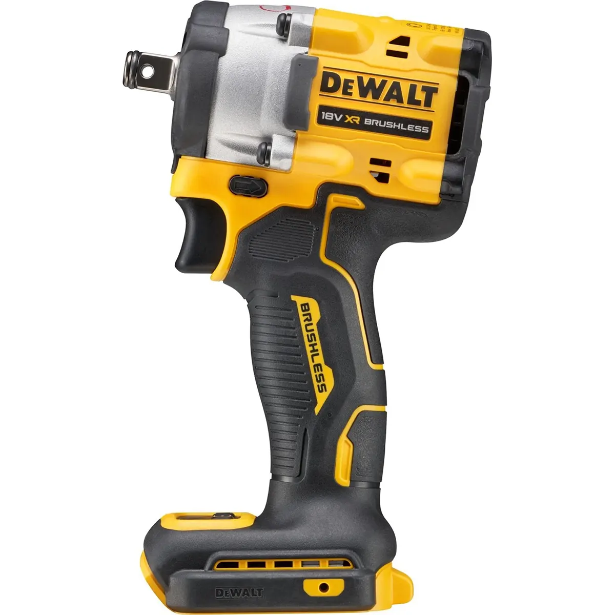 DEWALT DCF921 Akku-Schlagschrauber in Gelb, bürstenloser Motor, ohne Akku und Ladegerät, Seitenansicht.