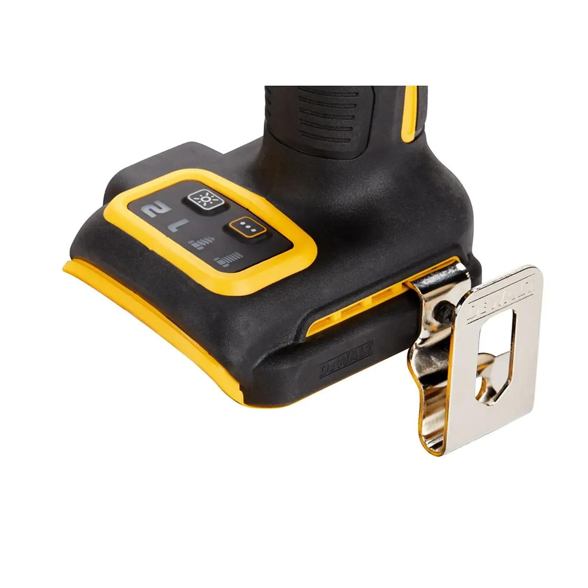 Nahaufnahme des DEWALT DCF921 Akku-Schlagschraubers - gelb base mit Bedientasten, Metall-Gürtelclip und robustem 18V-Design mit bürstenlosem Motor.