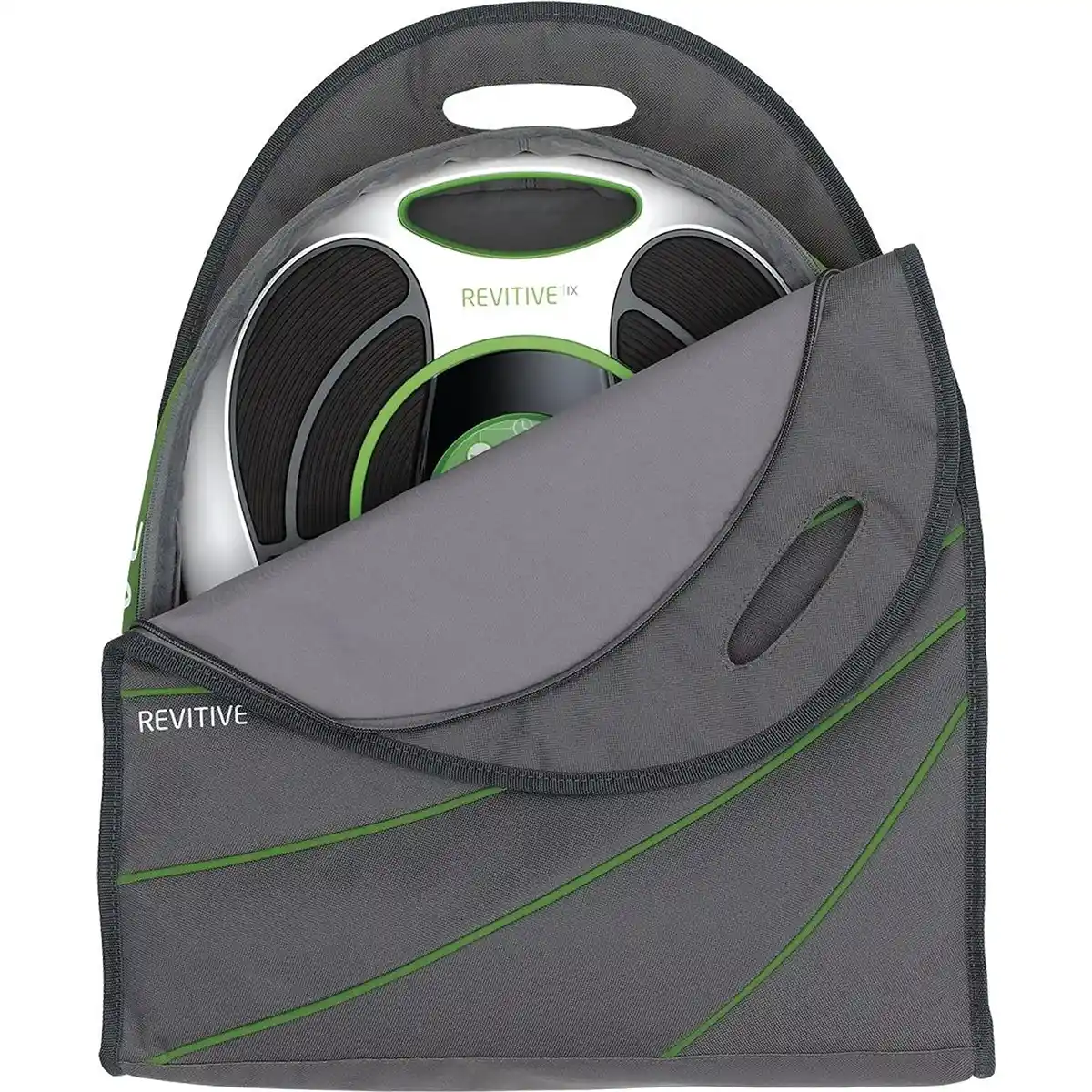 Ein Revitive 1102 REV BAG Tragetasche in schwarz mit grünen Akzenten und einem Griff, teilweise mit einem Revitive Gerät.