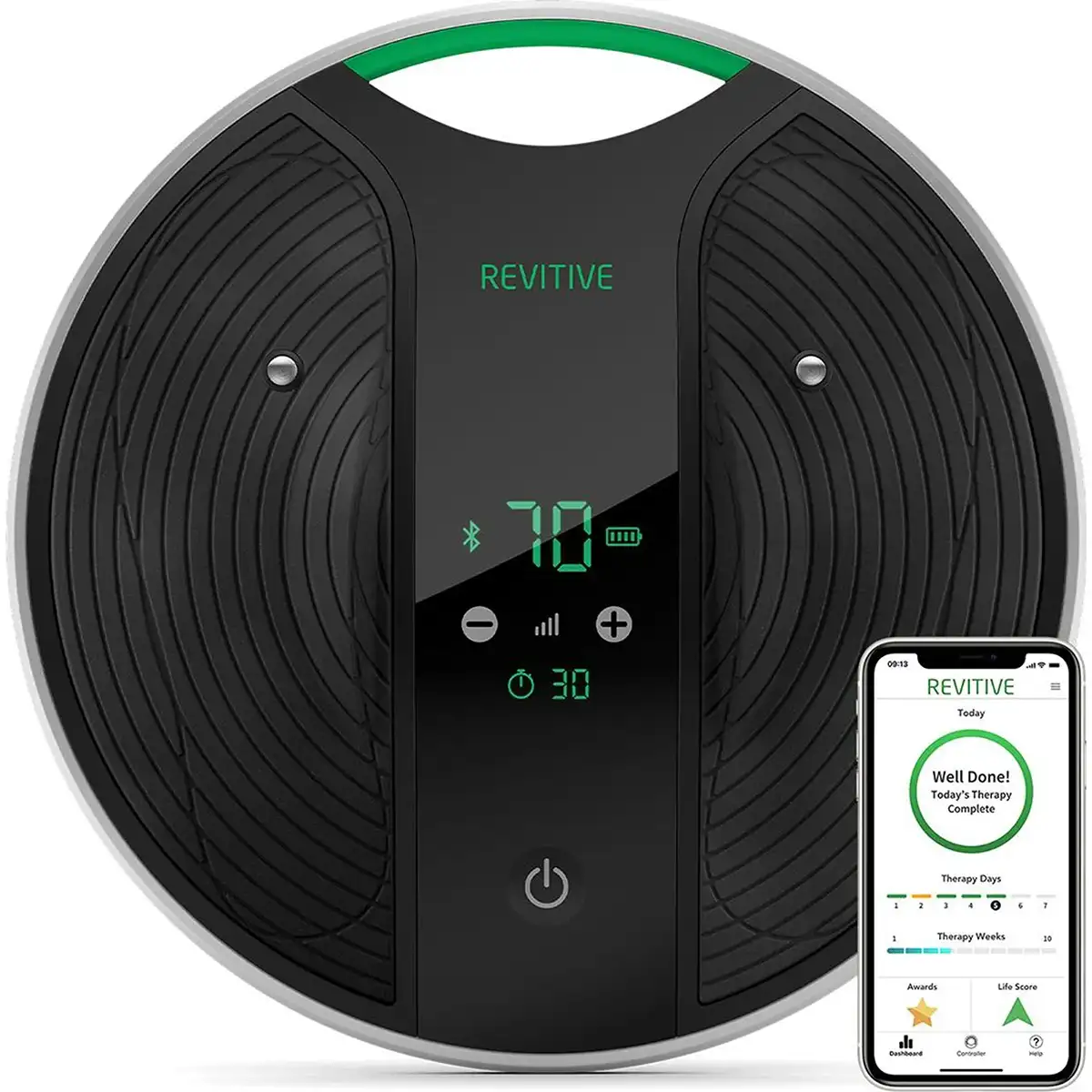 Der Revitive Medic Coach Kreislaufstimulator in Schwarz von Revitive verfügt über ein digitales Display und lässt sich mit einer EMS-TENS-Therapie-App auf Ihrem Smartphone synchronisieren - ideal zur Behandlung von Durchblutungsstörungen.