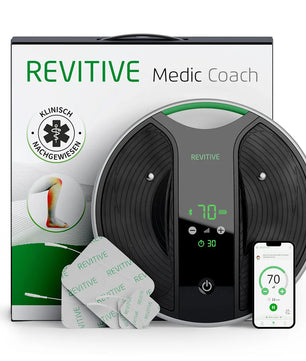 Der Revitive Medic Coach Kreislaufstimulator - schwarz von Revitive wird mit Verpackung, Elektrodenpads und einer begleitenden EMS-TENS-App geliefert - perfekt für alle, die Linderung bei Durchblutungsstörungen suchen.