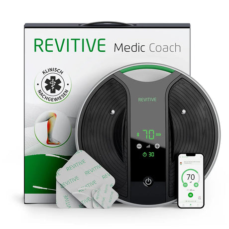 Der Revitive Medic Coach Kreislaufstimulator - schwarz von Revitive wird mit Verpackung, Elektrodenpads und einer begleitenden EMS-TENS-App geliefert - perfekt für alle, die Linderung bei Durchblutungsstörungen suchen.