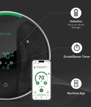 Nahaufnahme eines Revitive Medic Coach Kreislaufstimulators - schwarz neben einem Smartphone mit der Revitive-App, die Menschen mit Durchblutungsstörungen helfen soll.