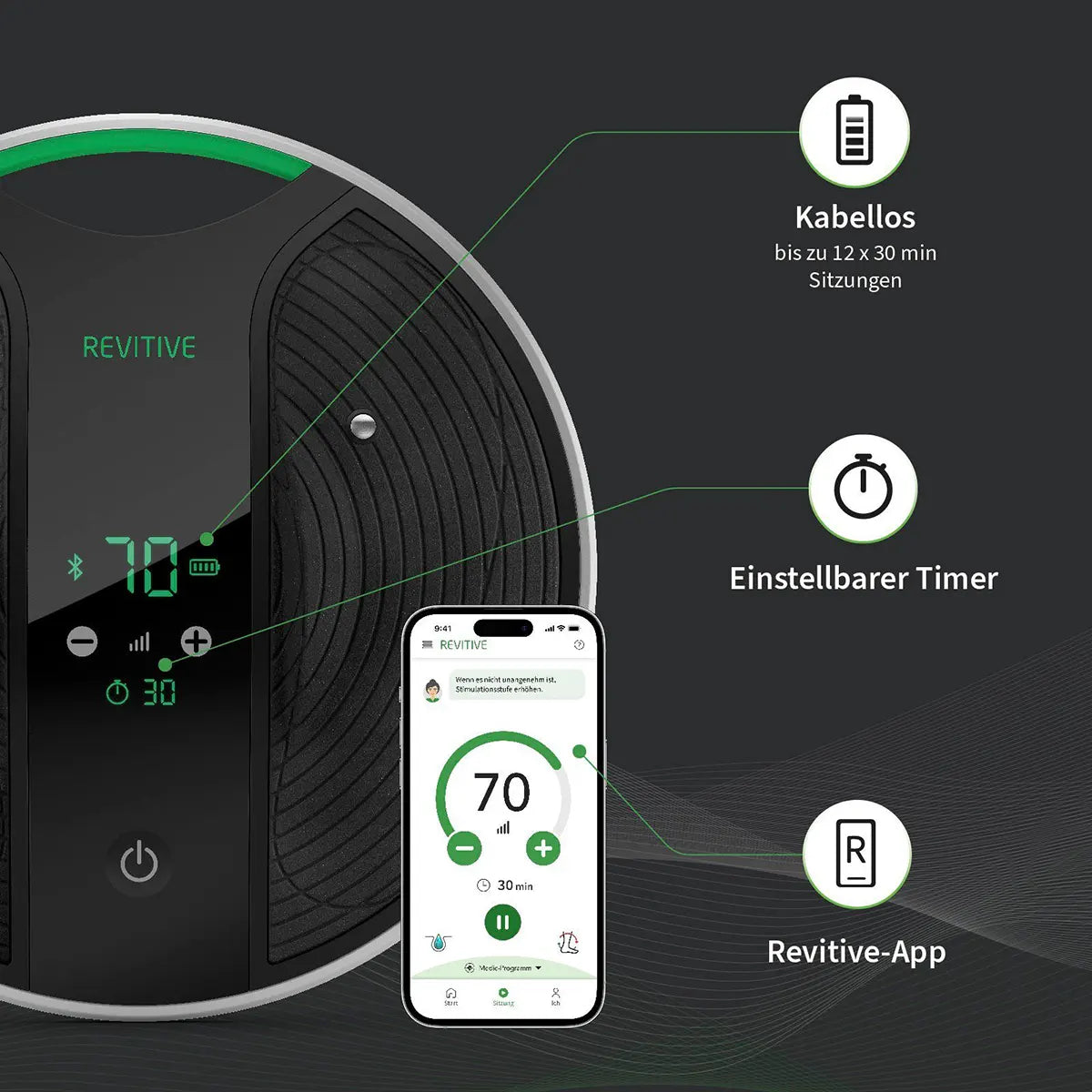 Nahaufnahme eines Revitive Medic Coach Kreislaufstimulators - schwarz neben einem Smartphone mit der Revitive-App, die Menschen mit Durchblutungsstörungen helfen soll.