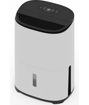 Ein MeacoDry Arete One 10L Luftentfeuchter in Weiß, mit einem schwarzen Bedienfeld und einer Digitalanzeige, verfügt über eine fortschrittliche Luftreinigungsfunktion und steht vor einem weißen Hintergrund.