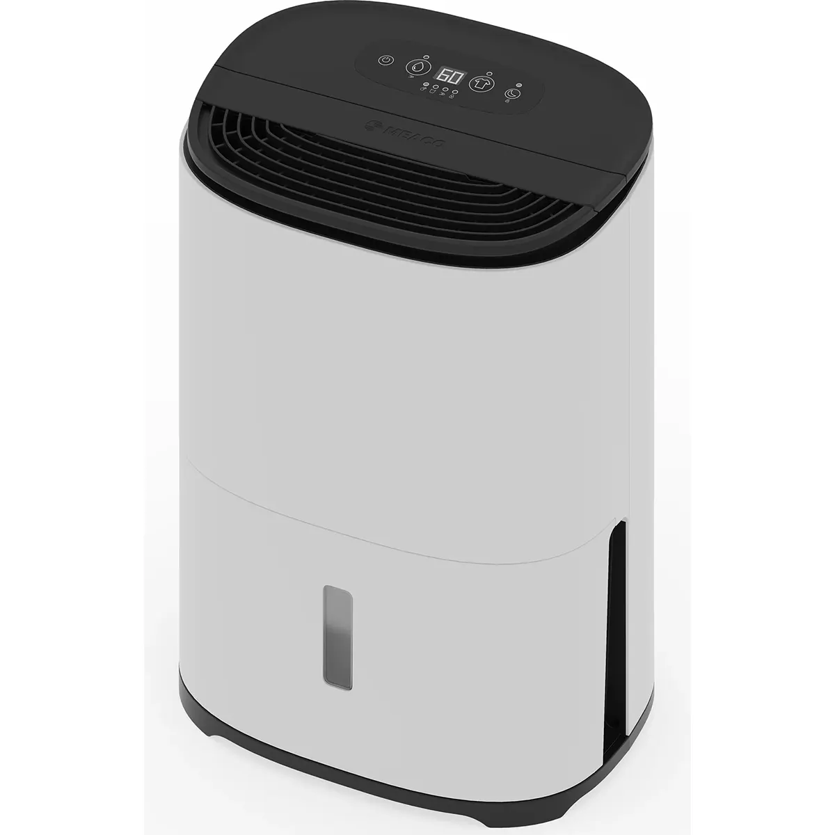 Ein MeacoDry Arete One 10L Luftentfeuchter in Weiß, mit einem schwarzen Bedienfeld und einer Digitalanzeige, verfügt über eine fortschrittliche Luftreinigungsfunktion und steht vor einem weißen Hintergrund.