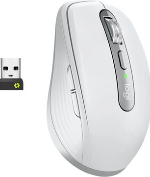 Die Logitech MX Anywhere Maus kabellos in Hellgrau bietet Darkfield Tracking, seitliche Tasten, Scrollrad und USB-Empfänger - perfekt für präzises Arbeiten inspiriert von der MX Anywhere 3.
