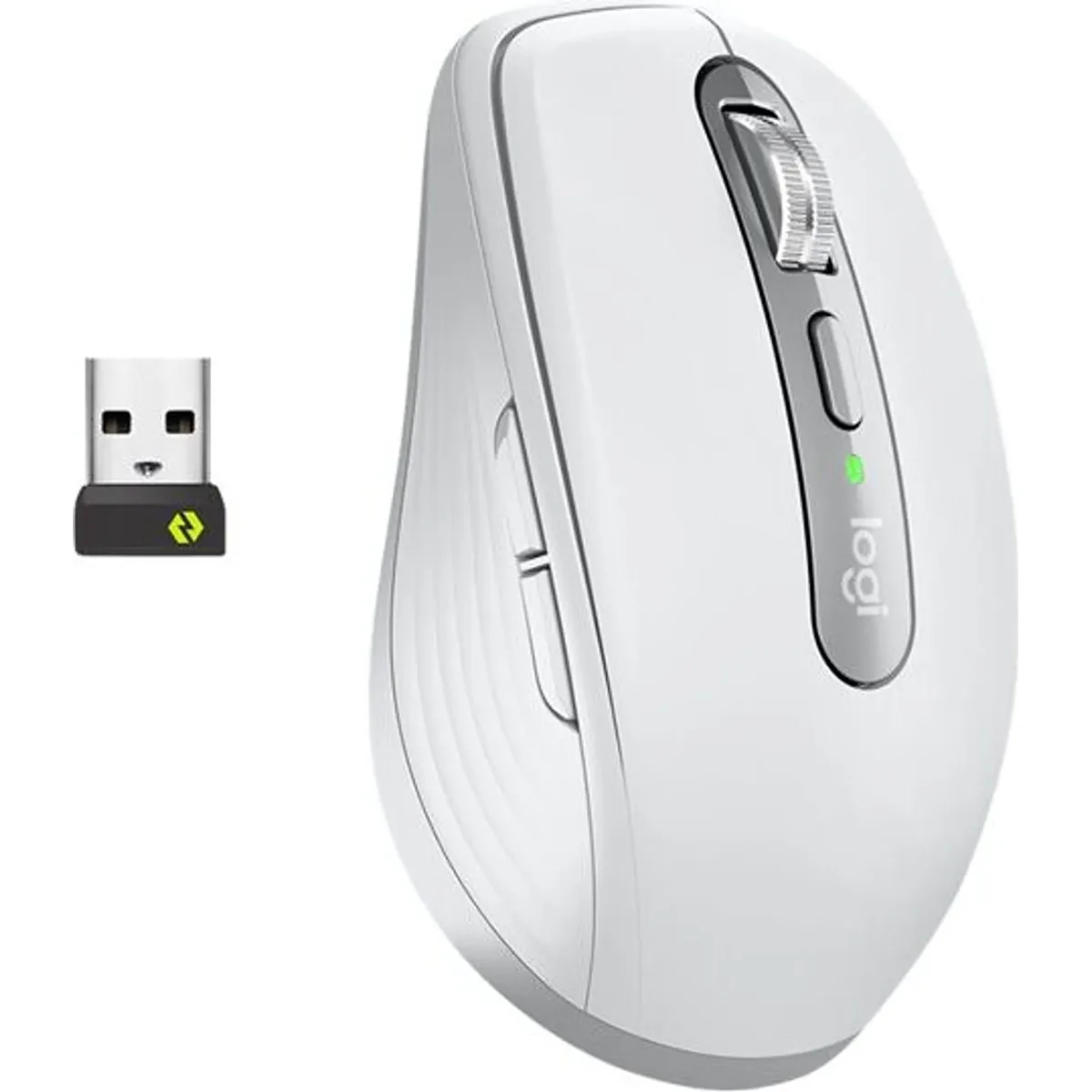 Die Logitech MX Anywhere Maus kabellos in Hellgrau bietet Darkfield Tracking, seitliche Tasten, Scrollrad und USB-Empfänger - perfekt für präzises Arbeiten inspiriert von der MX Anywhere 3.