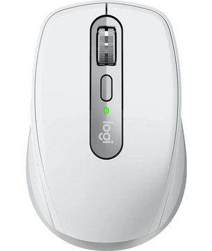 Draufsicht auf die Logitech MX Anywhere Maus kabellos - hellgrau von Logitech, mit Scrollrad, grüner Betriebsanzeige und präzisem Darkfield Tracking.