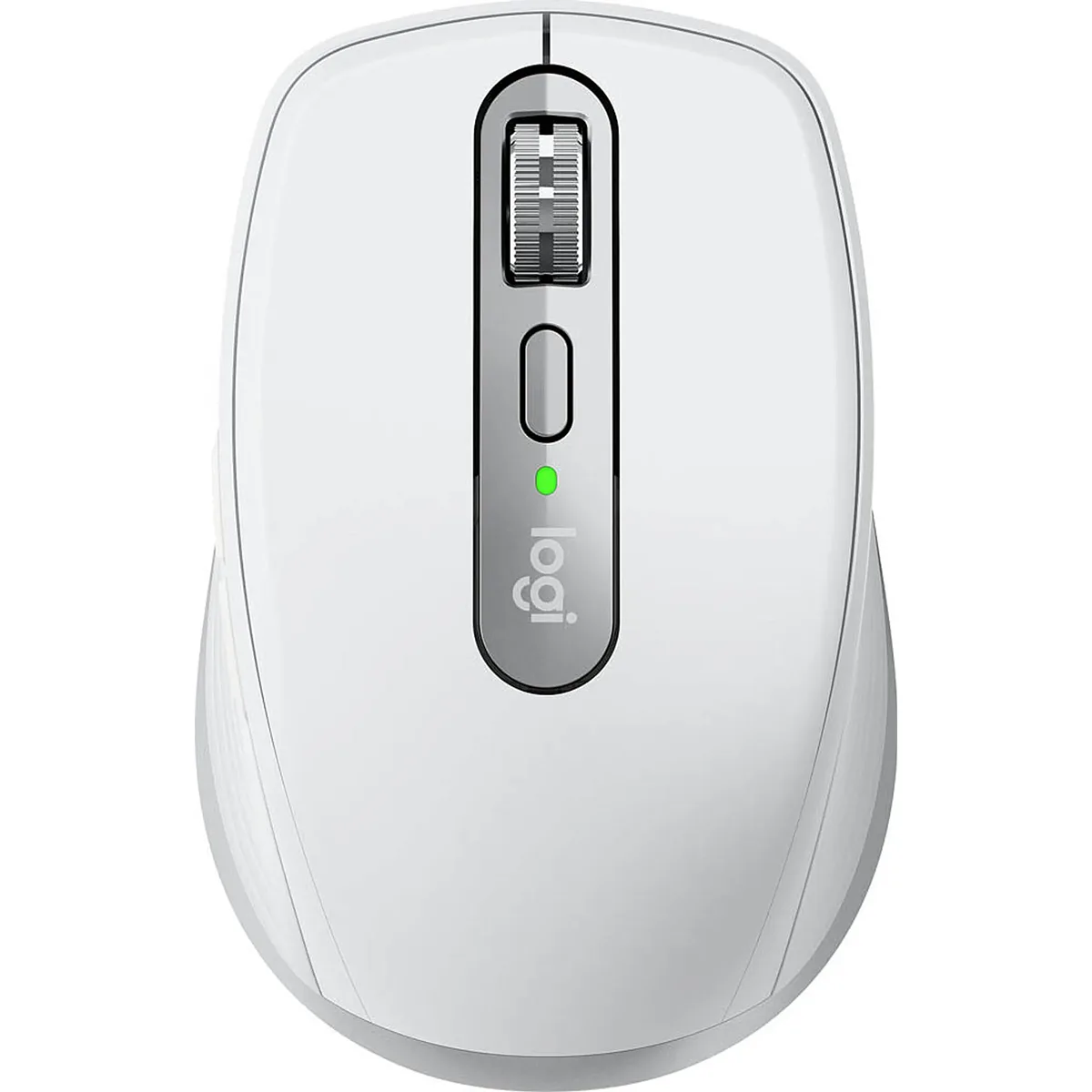 Draufsicht auf die Logitech MX Anywhere Maus kabellos - hellgrau von Logitech, mit Scrollrad, grüner Betriebsanzeige und präzisem Darkfield Tracking.