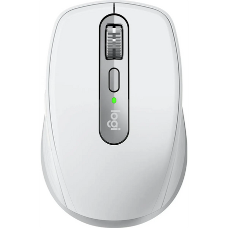 Draufsicht auf die Logitech MX Anywhere Maus kabellos - hellgrau von Logitech, mit Scrollrad, grüner Betriebsanzeige und präzisem Darkfield Tracking.