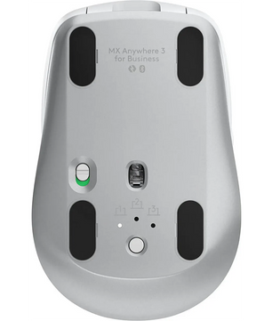 Unteransicht der kabellosen Logitech MX Anywhere Maus in Hellgrau mit schwarzen Pads, Schalter, Verbindungsstasten und präzisem Darkfield-Tracking für exakte Steuerung.