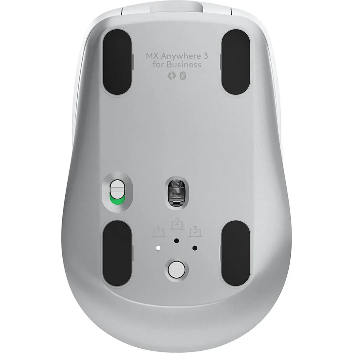 Unteransicht der kabellosen Logitech MX Anywhere Maus in Hellgrau mit schwarzen Pads, Schalter, Verbindungsstasten und präzisem Darkfield-Tracking für exakte Steuerung.
