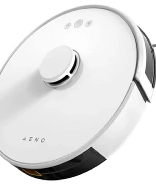 Der weiße AENO RC2S Saugroboter zeichnet sich durch sein rundes Design, die LiDAR-Navigation und die Bedienknöpfe an der Oberseite aus, wenn man ihn aus einem bestimmten Winkel betrachtet.