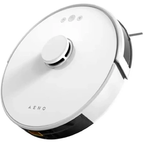 Der weiße AENO RC2S Saugroboter zeichnet sich durch sein rundes Design, die LiDAR-Navigation und die Bedienknöpfe an der Oberseite aus, wenn man ihn aus einem bestimmten Winkel betrachtet.