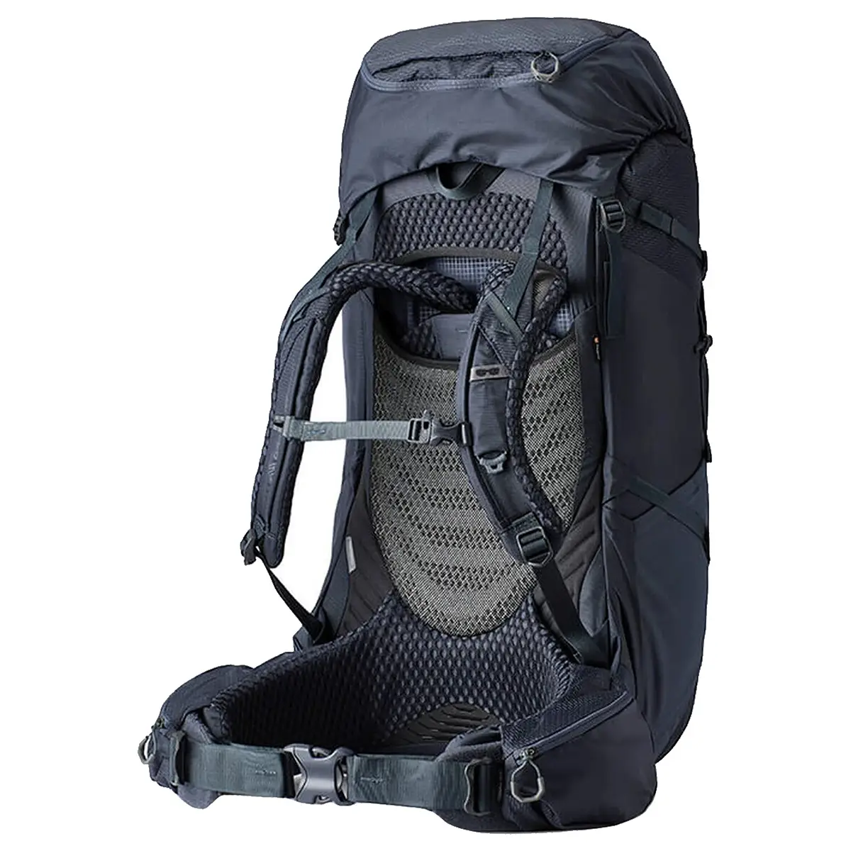 Der Gregory Deva 70 XS Trekkingrucksack in Blau von Gregory verfügt über ein Netzrückenpanel, gepolsterte Schultergurte und einen großen Hüftgurt - perfekt für lange Trekkingtouren. Hier von hinten abgebildet.