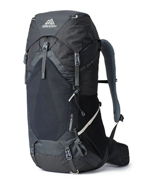 Der Gregory Paragon 38 S/M Trekkingrucksack in Basaltschwarz verfügt über mehrere Gurte und das Gregory-Logo auf der Oberseite - ideal für jedes Outdoor-Abenteuer.