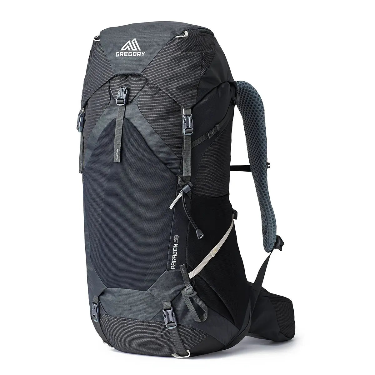Der Gregory Paragon 38 S/M Trekkingrucksack in Basaltschwarz verfügt über mehrere Gurte und das Gregory-Logo auf der Oberseite - ideal für jedes Outdoor-Abenteuer.