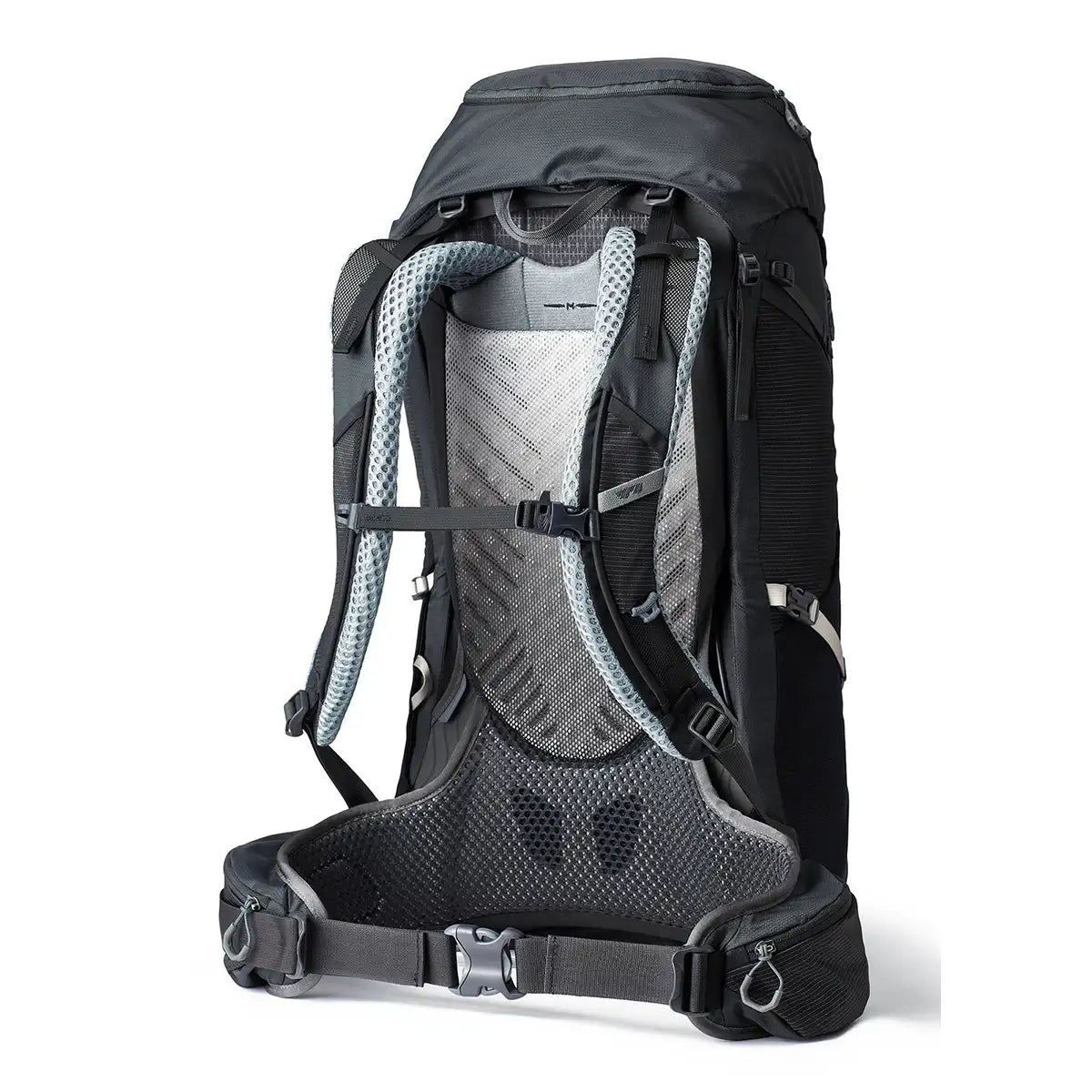 Der Gregory Paragon 38 S/M Trekkingrucksack in Basaltschwarz von Gregory zeigt sich von der Rückseite mit gepolsterten Schultergurten und einem belüfteten Rückenpanel - perfekt für das nächste Outdoor-Abenteuer.